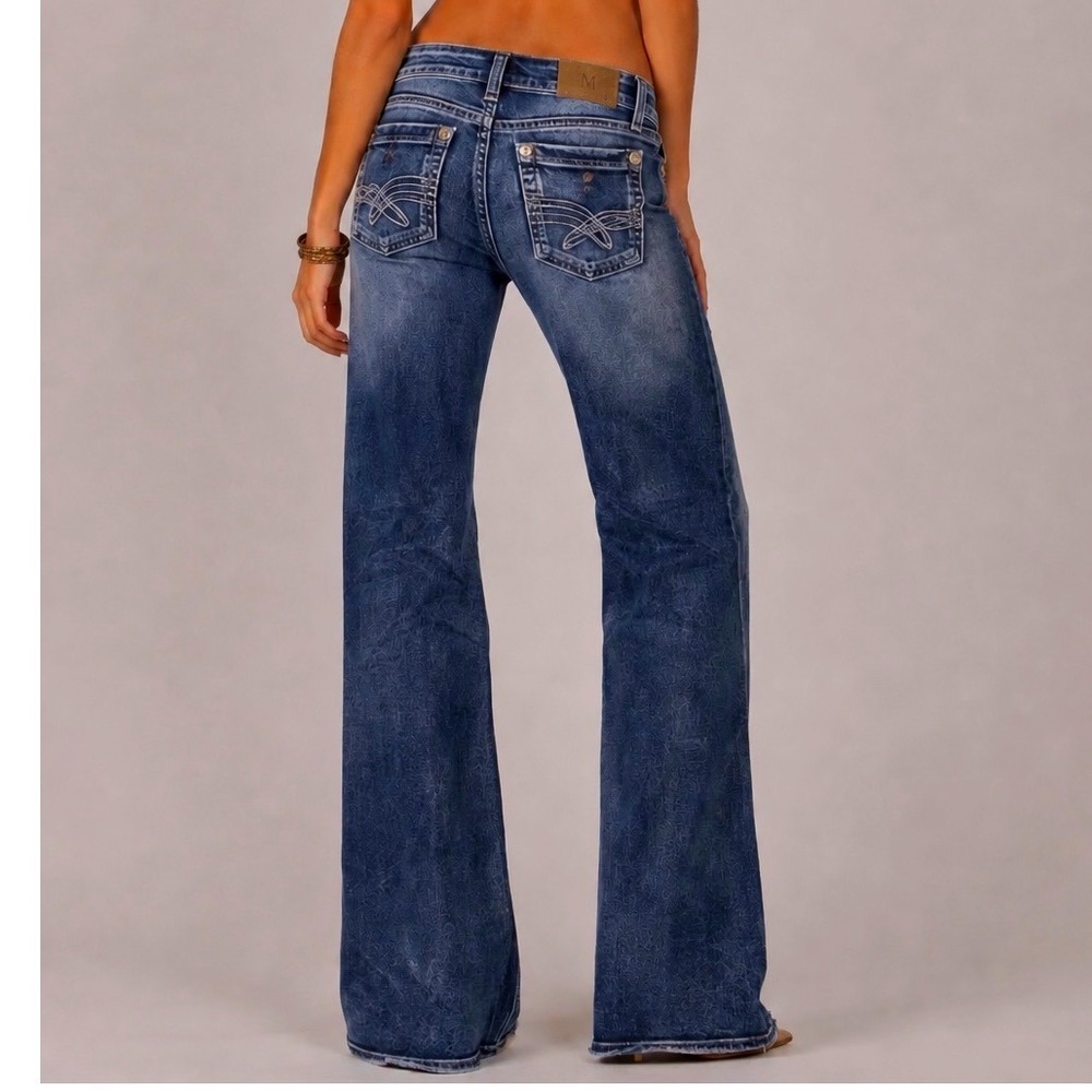 Just U.S.A. Y2K Low Rise Flare Jeans Women 9 Med Wash Embellished Stretch